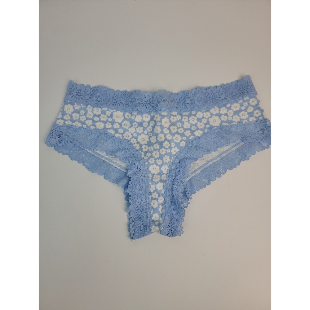 PINK Victorias Secret Blue Floral Ribbed Lace Trim Cheeky Panty Small NEW